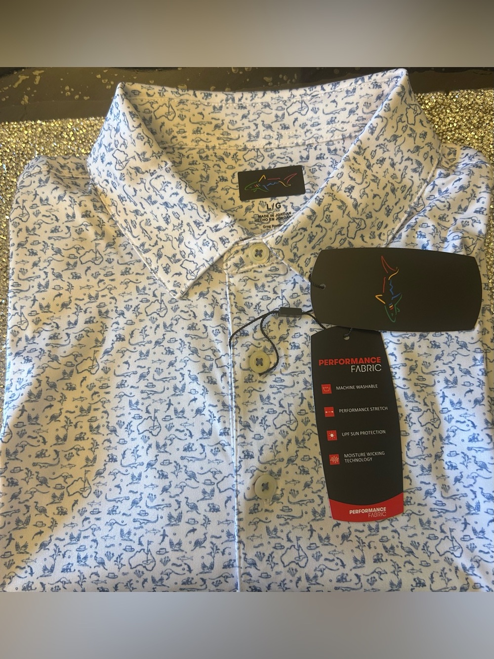 Greg Norman Performance Stretch Short SleeveGolf Shirt White with Blue Print L